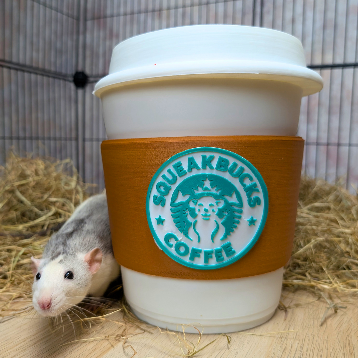Squeakbucks coffee cup rat hide with turquoise emblem and white lid