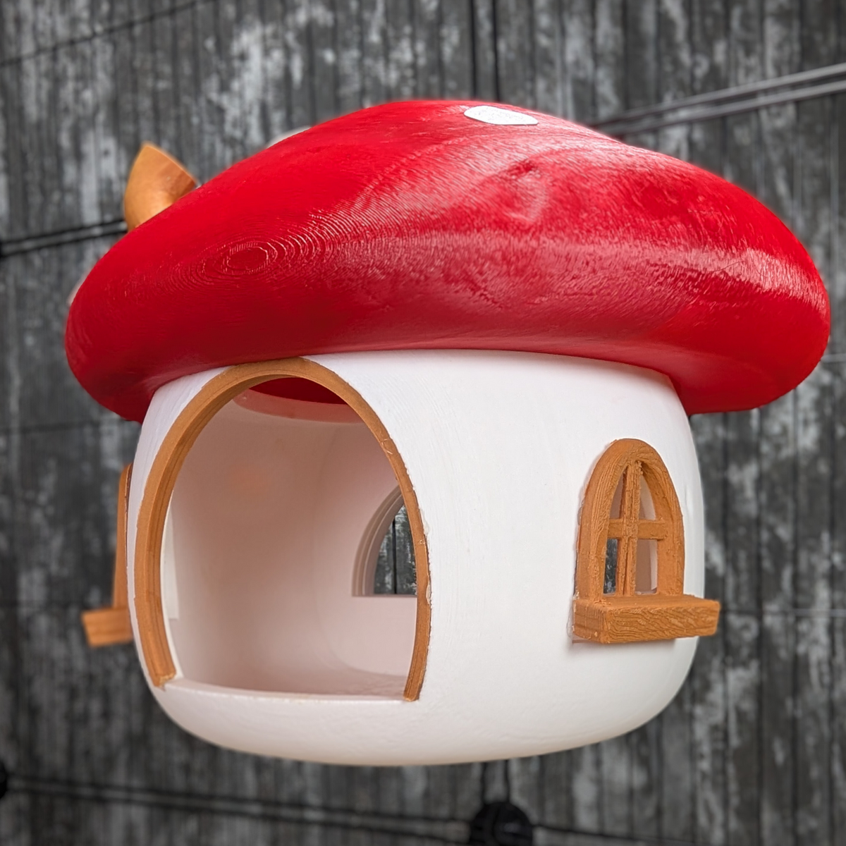 Empty red and white mushroom rat hide, three-quarter doorway view