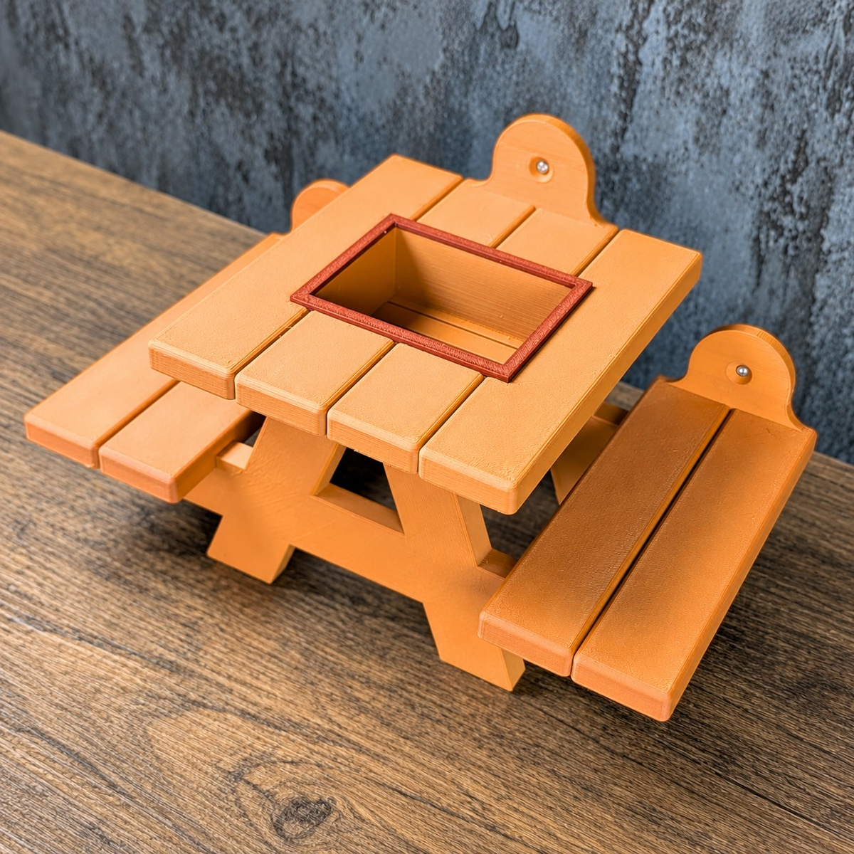 Top view of the rat picnic bench with the food bowl removed