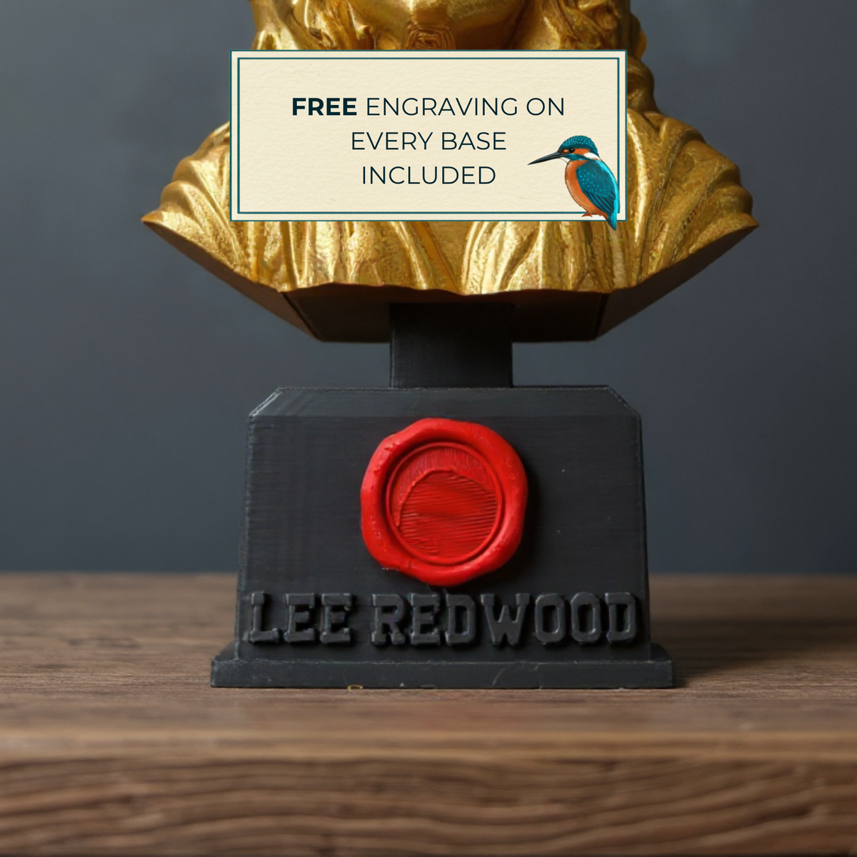 Close-up of the black trophy base, red faux wax seal and included wording