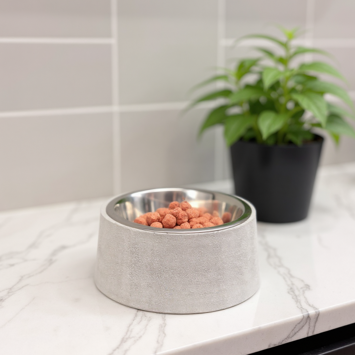 Cast stone pet bowl filled with dry pet food on a kitchen worktop