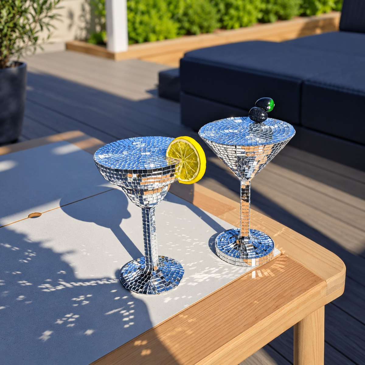 Silver mirror margarita and martini glasses outdoors