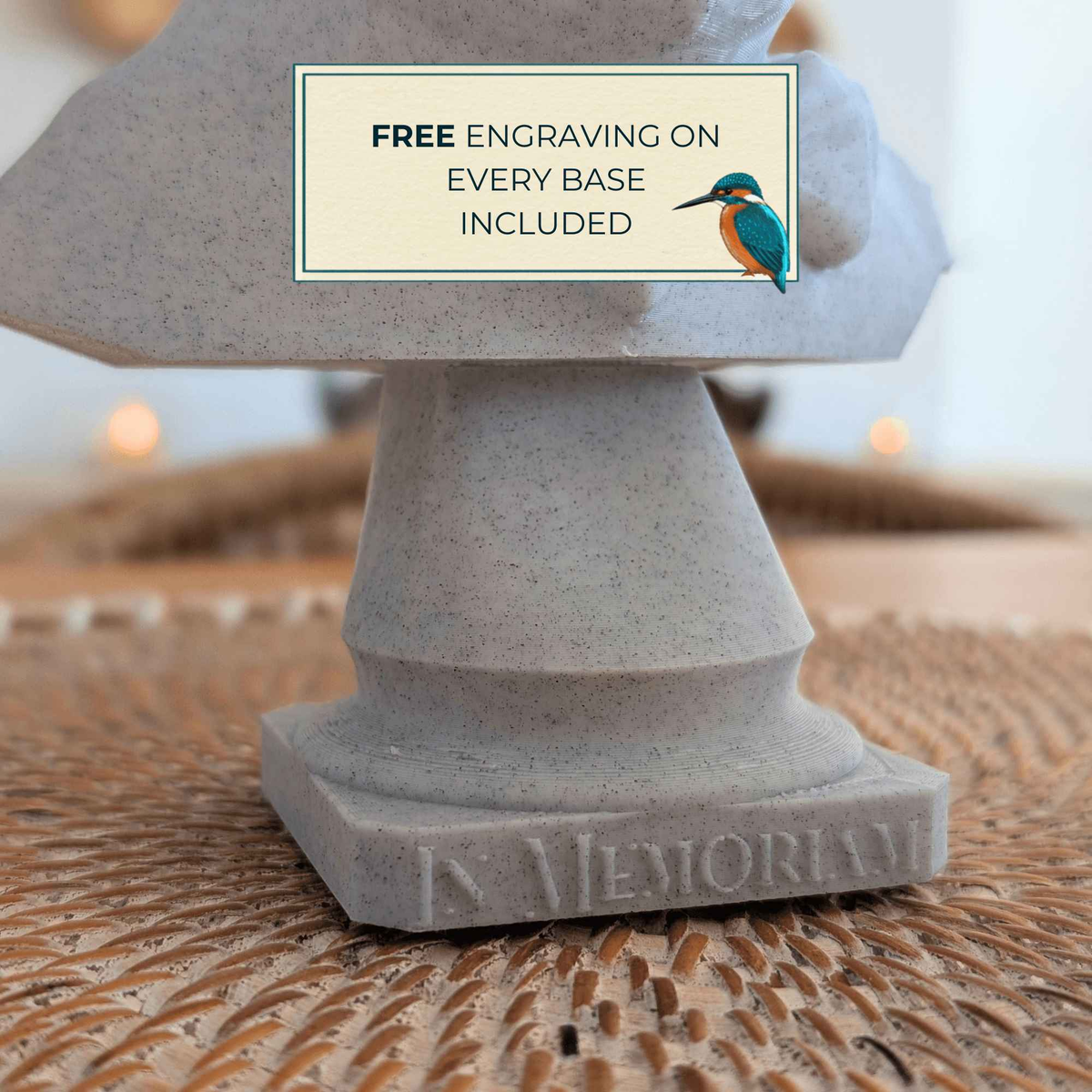 Close-up of free memorial wording engraved on the custom bust base
