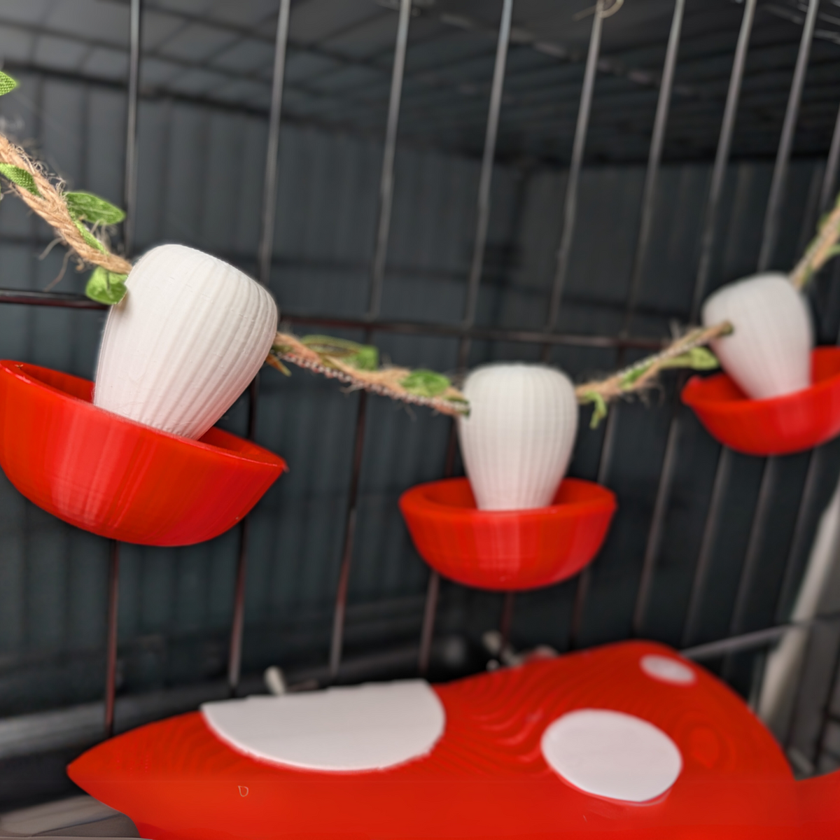 Mushroom Rat Foraging Cups – Pair: Three red forage cups hang above the red mushroom shelf