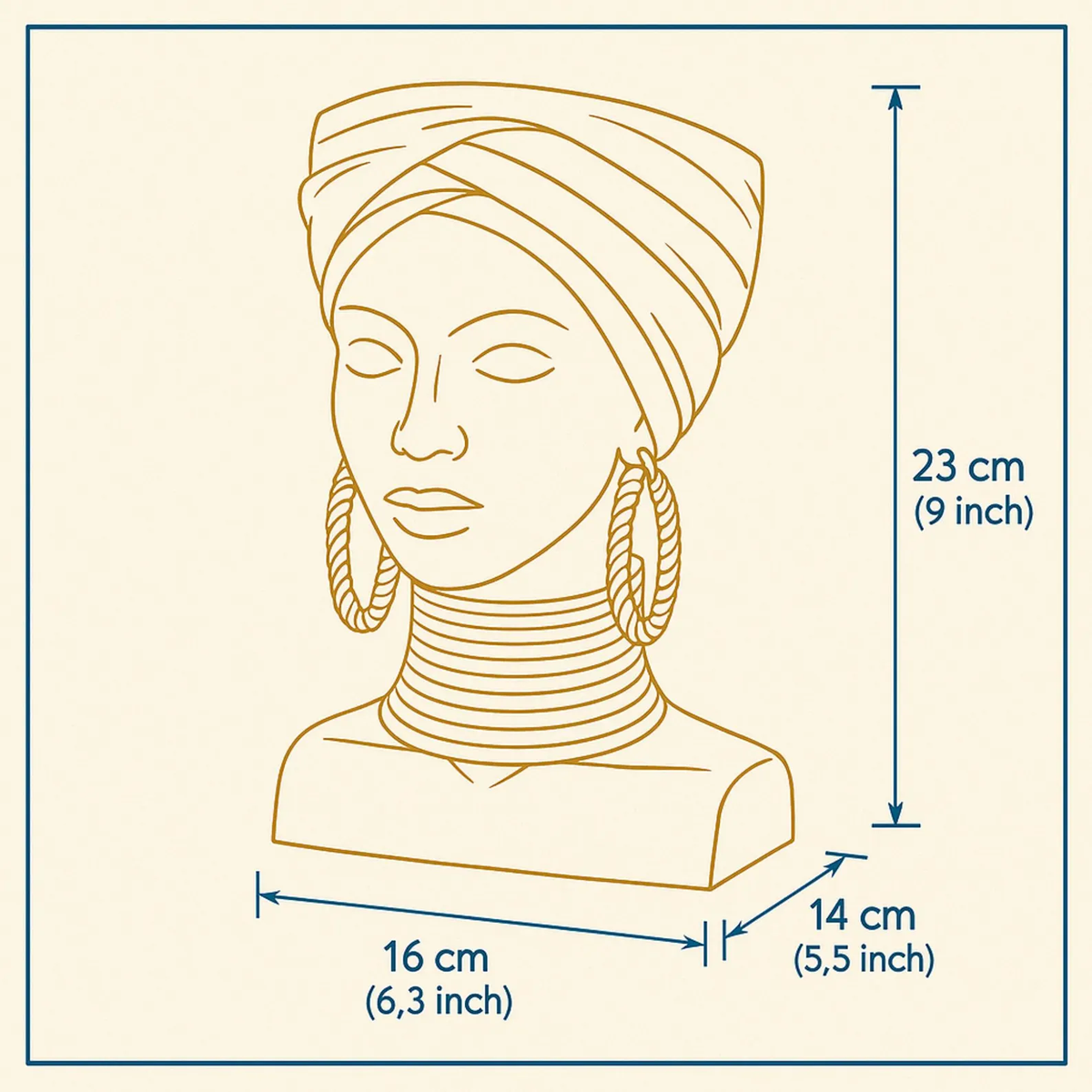 Golden Grace African Woman Head Planter - Dimensions diagram