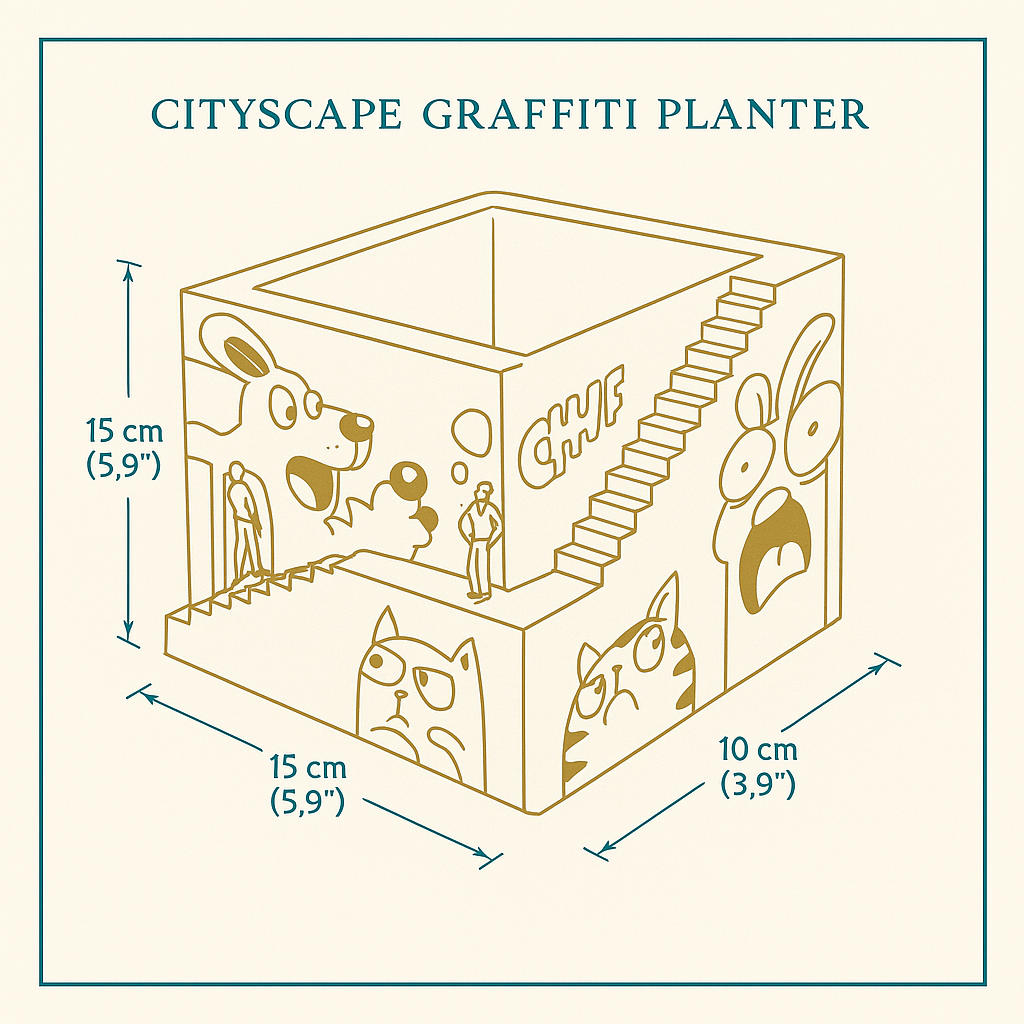 Graffiti building planter dimension diagram showing 15 by 15 by 10 centimetres