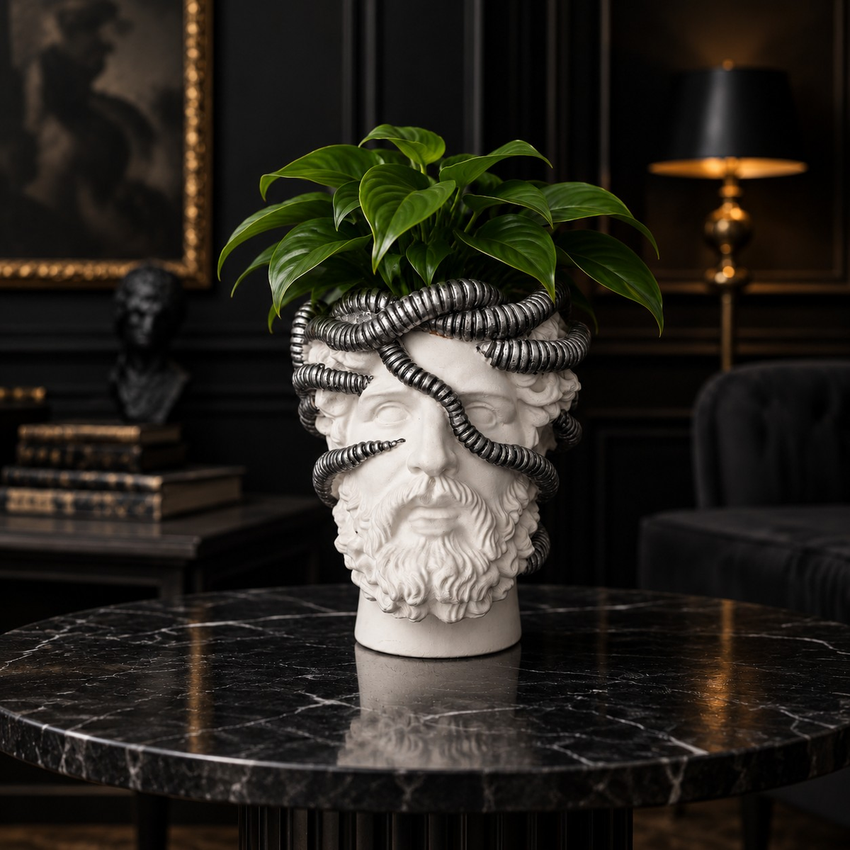 Moody room view of Aristotle.exe classical bust planter with green plant