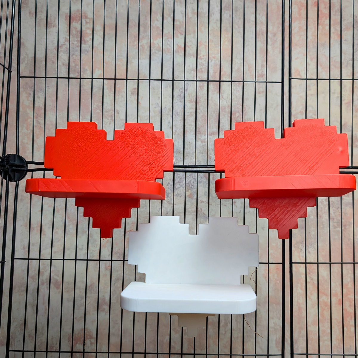 Pixel Heart Rat Cage Shelves: three pixel-heart shelves in red and white