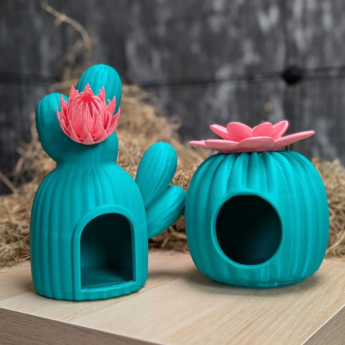 Cactus Rat Hide: two teal cactus hides with pink flower tops and open doorways