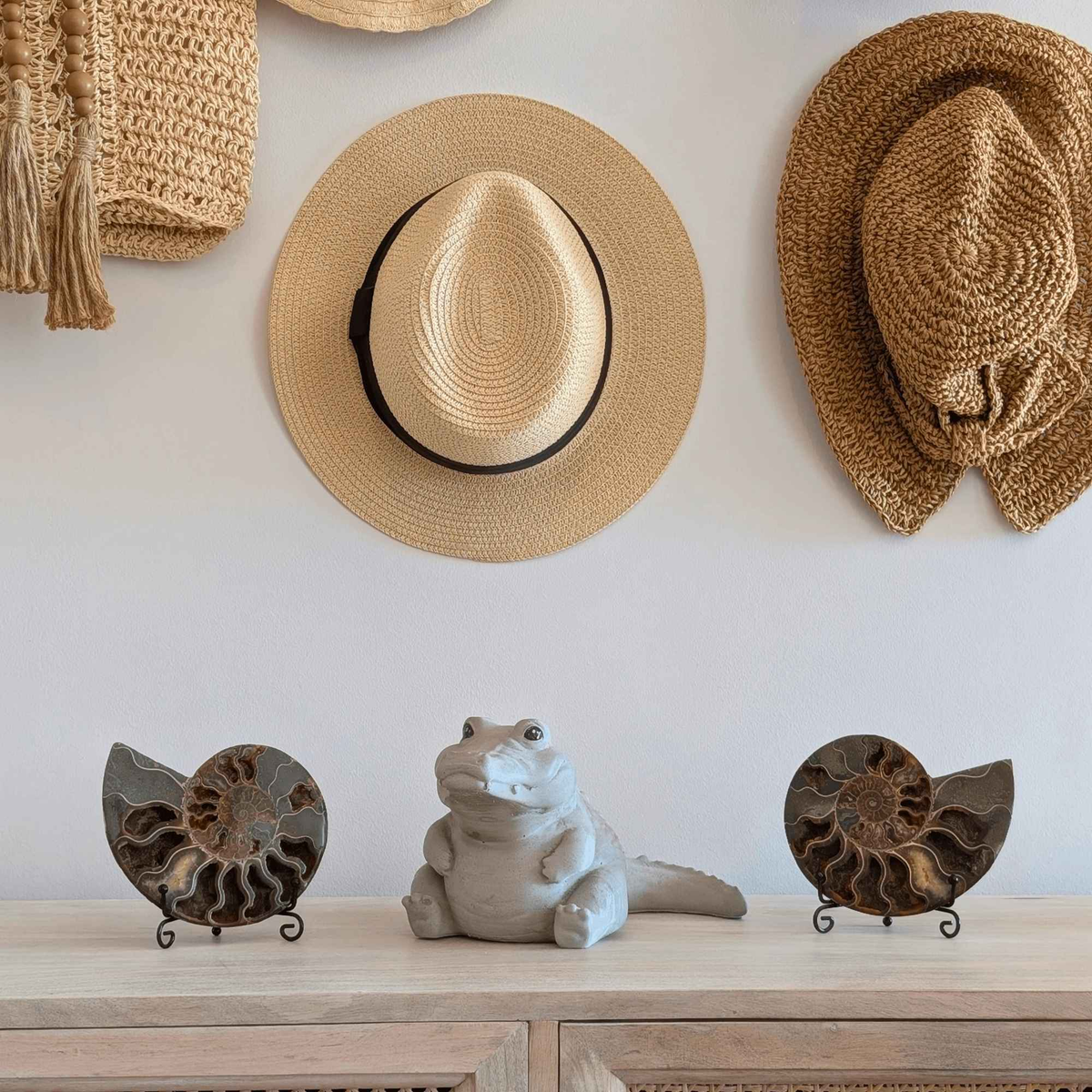 Crocodile ornament styled on a shelf between two ammonite fossils
