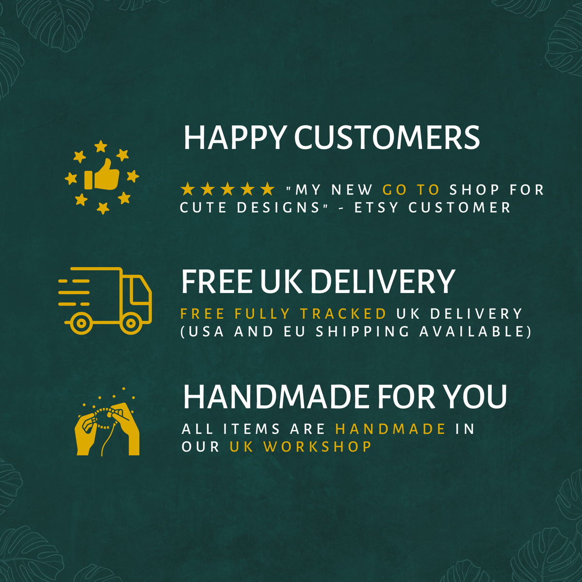 Customer review, free UK delivery and handmade product information graphic