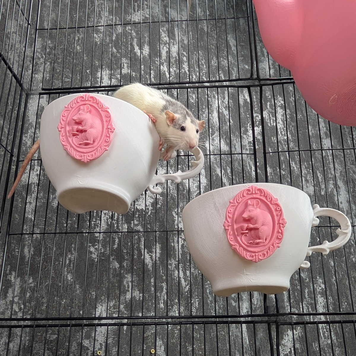 Teapot Rat Hide, Two Teacup Shelves or Full Set: two white teacup shelves with raised pink cameos