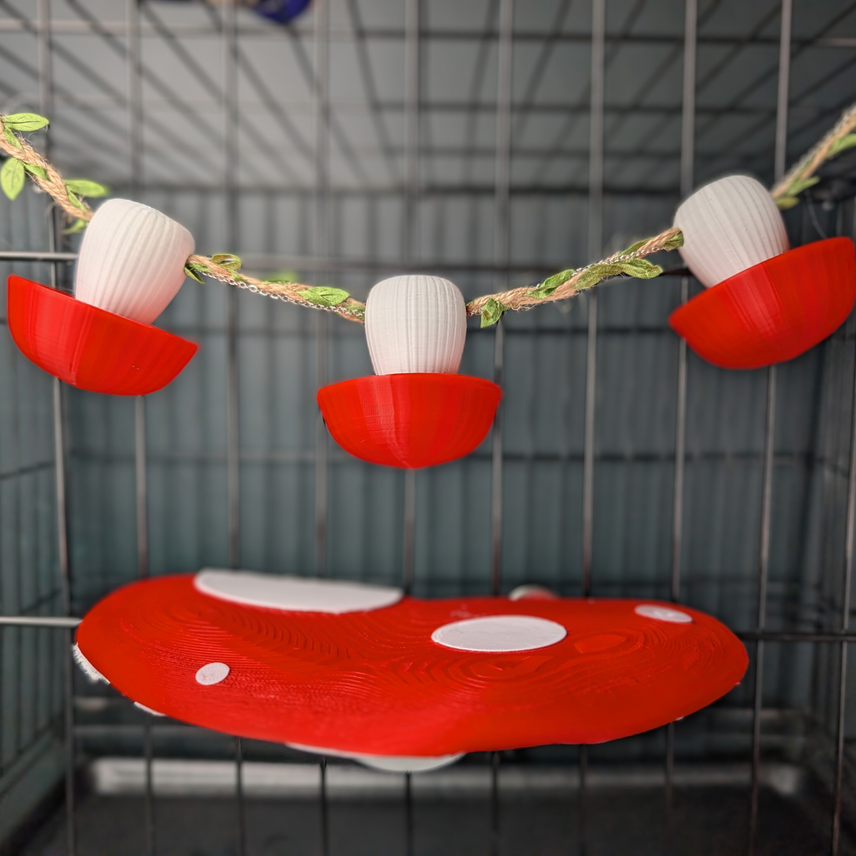 Mushroom Rat Foraging Cups – Pair: Red mushroom shelf beneath three hanging forage cups