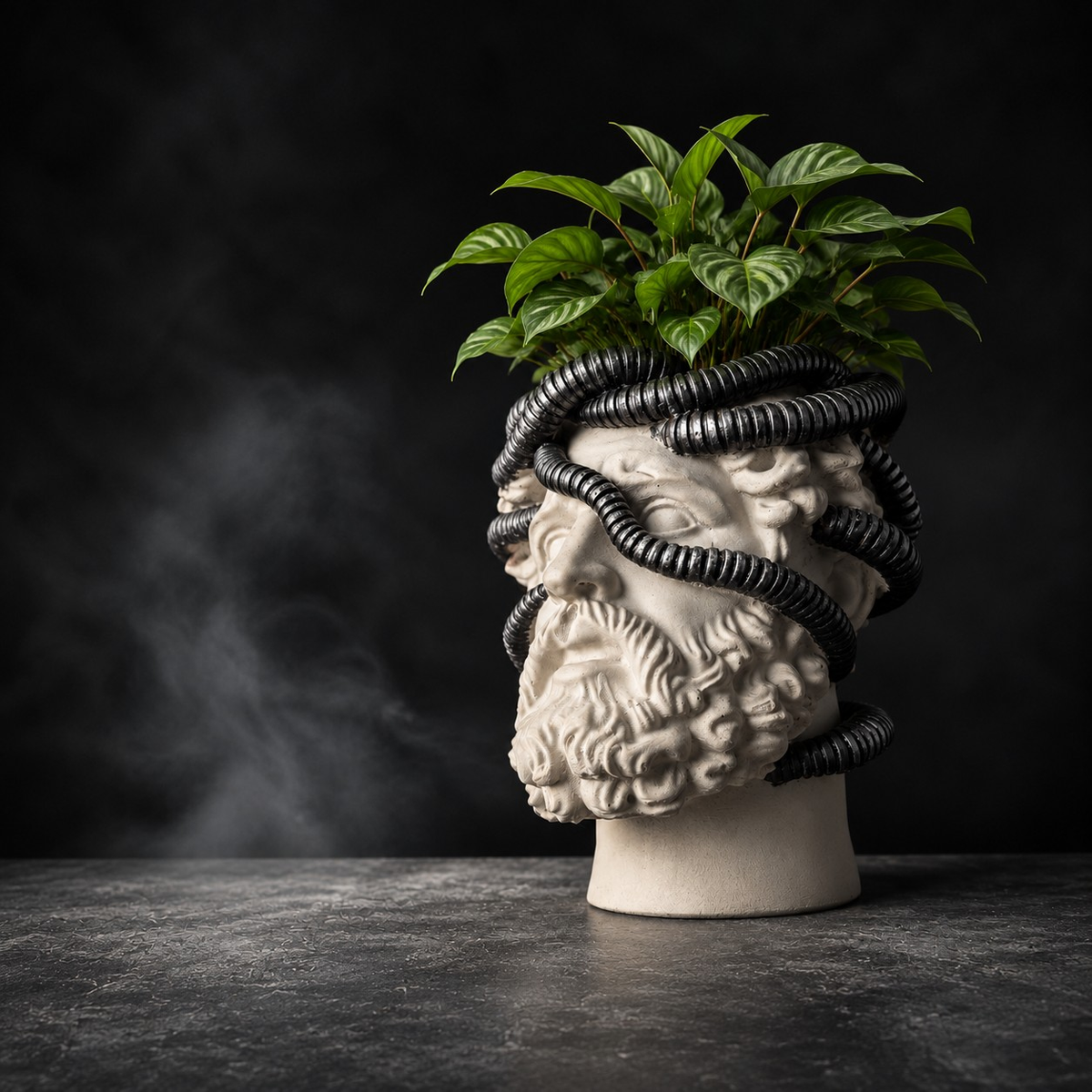 Aristotle.exe classical bust planter styled with a green houseplant
