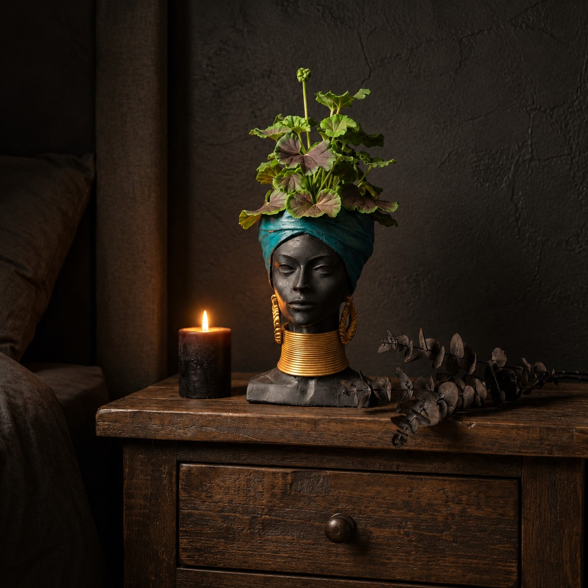 Golden Grace African Woman Head Planter - Lifestyle bedroom