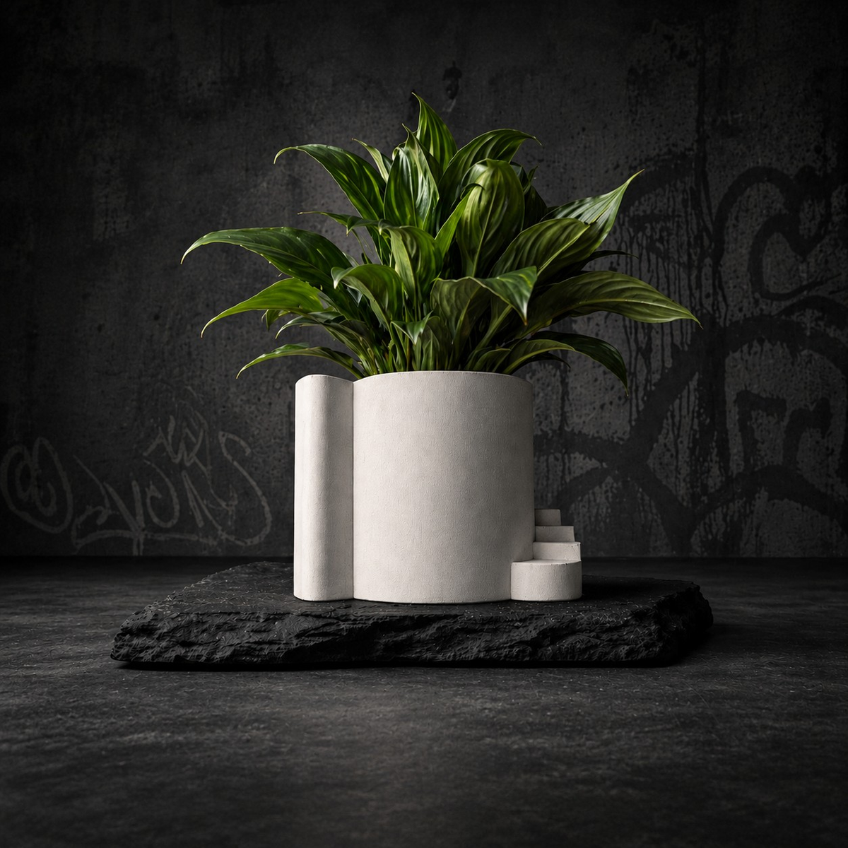 Stairwell cast stone planter with leafy planted arrangement