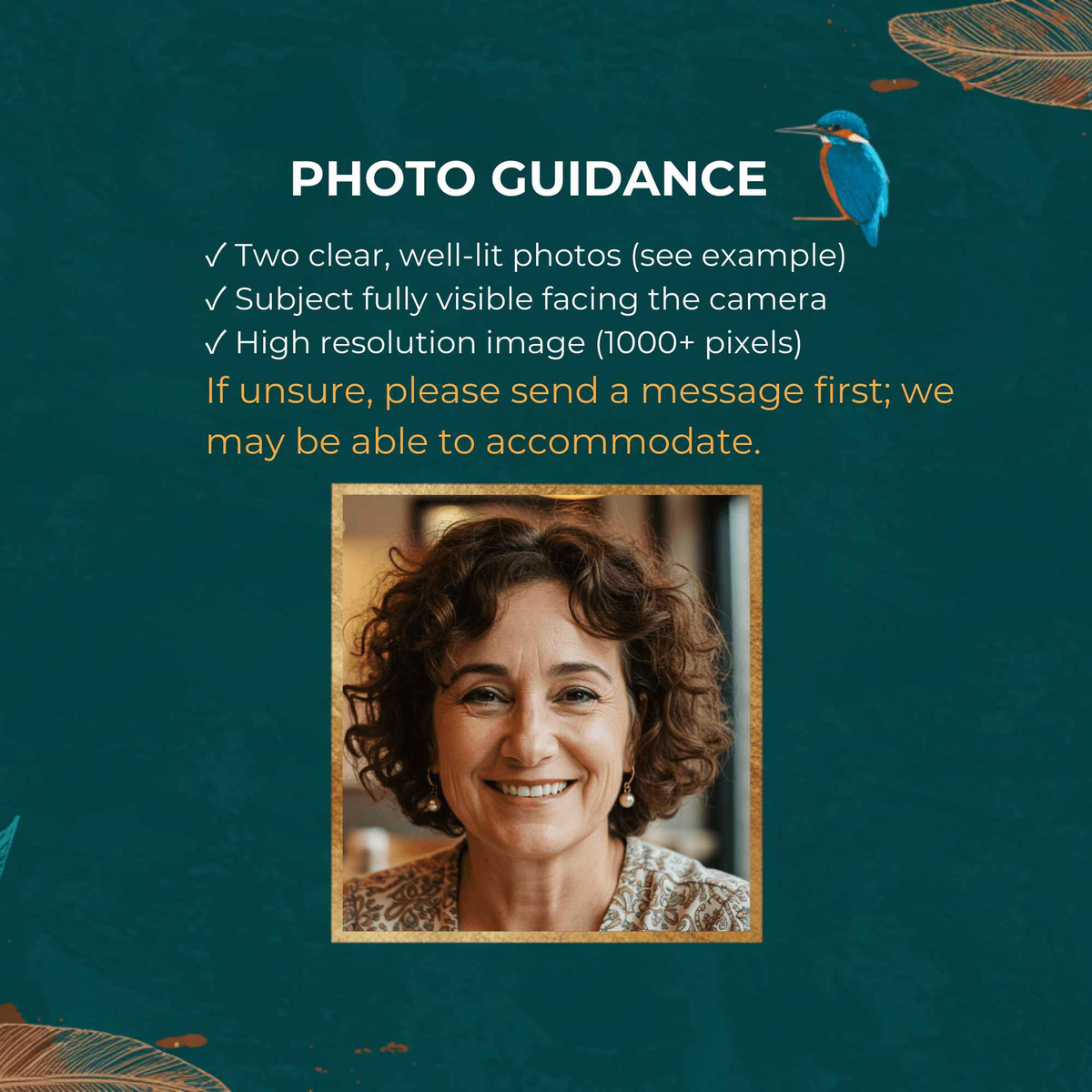 Photo guidance infographic asking for clear, well-lit, high-resolution reference photos