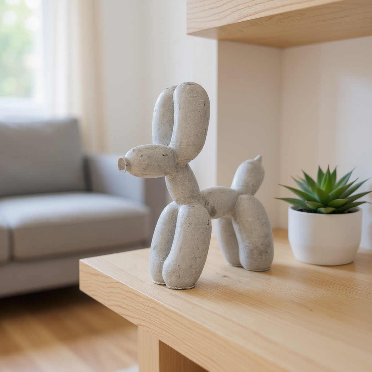 Cast stone balloon dog ornament beside a small succulent on a wooden shelf