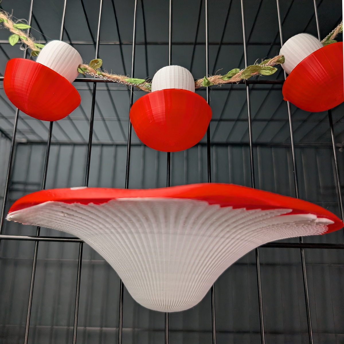 Mushroom Rat Shelf Pair: Mushroom shelf and three forage cups mounted in a cage