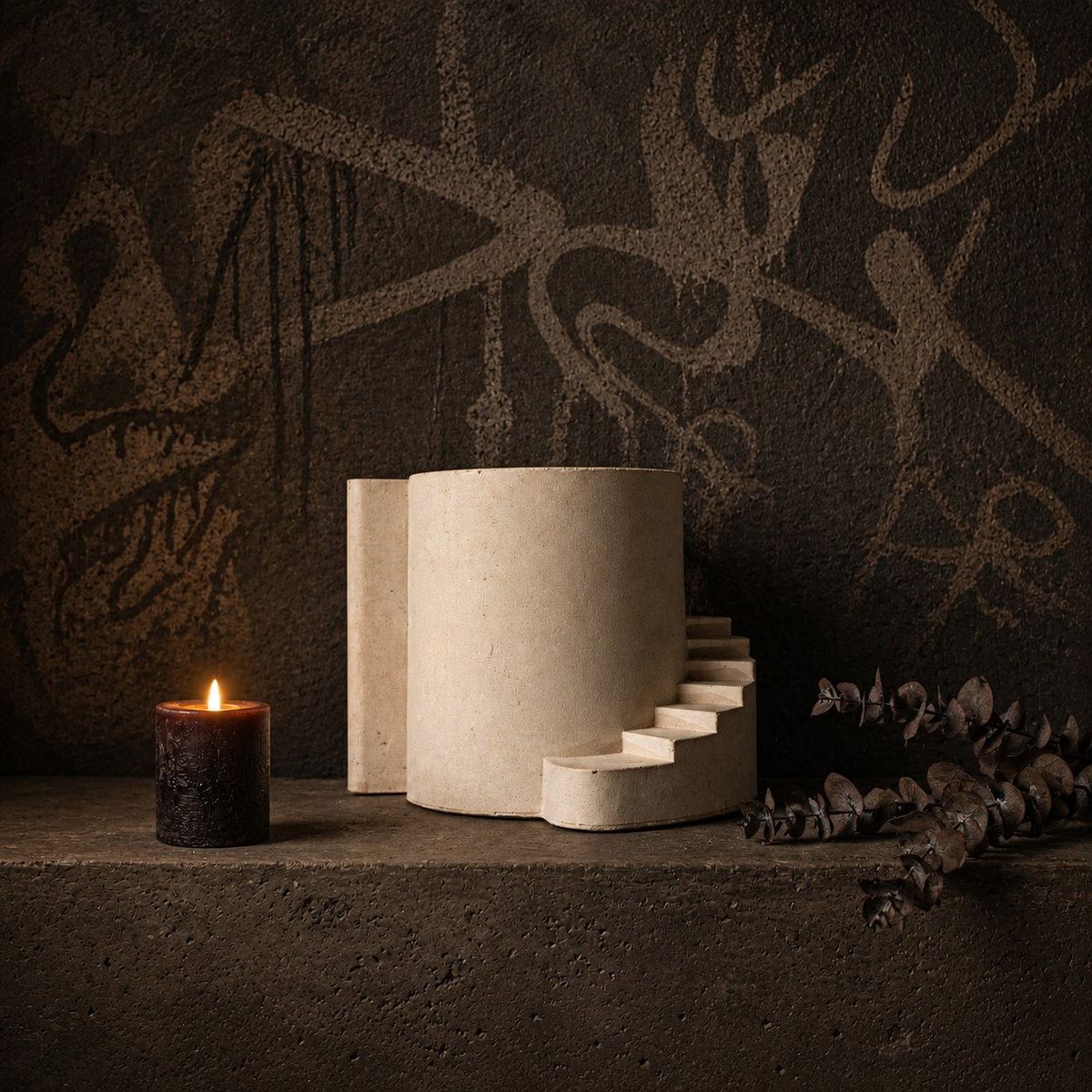 Stairwell cast stone planter lifestyle shelf scene