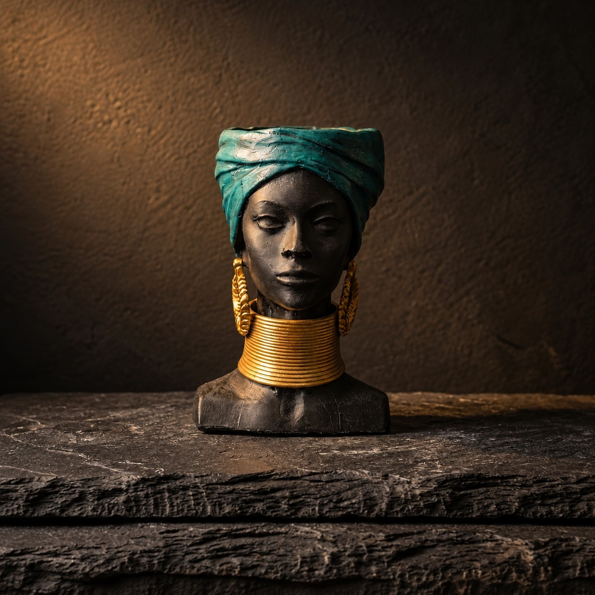 Golden Grace African Woman Head Planter - Studio front