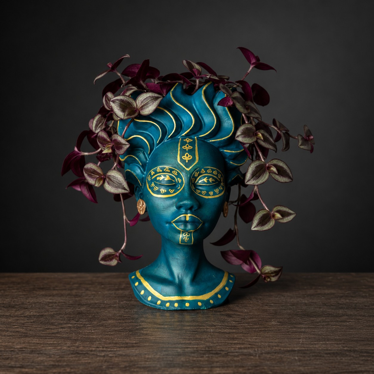 Cast stone teal face plant pot detail