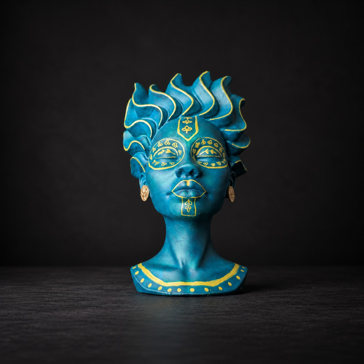 Teal and gold bust planter detail