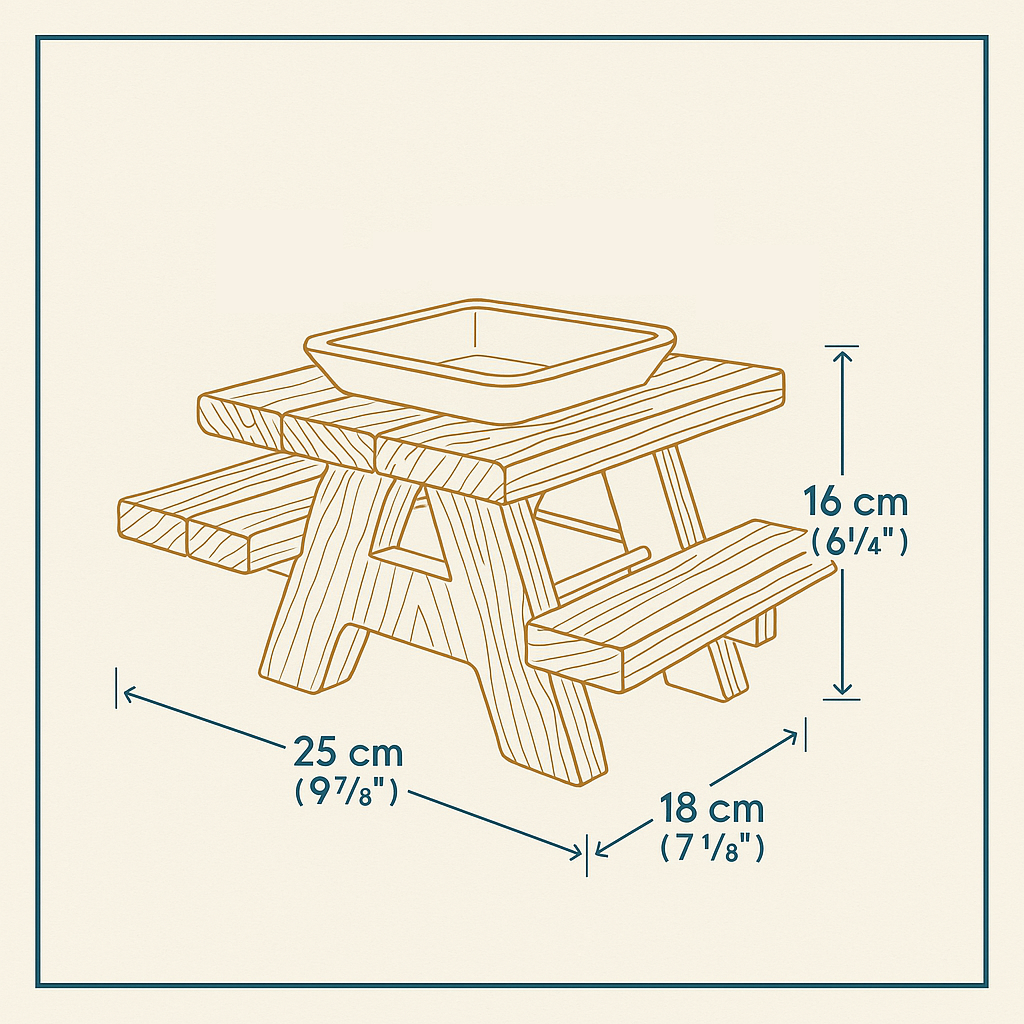 Rat picnic bench dimensions: 25 cm wide, 18 cm deep and 16 cm high