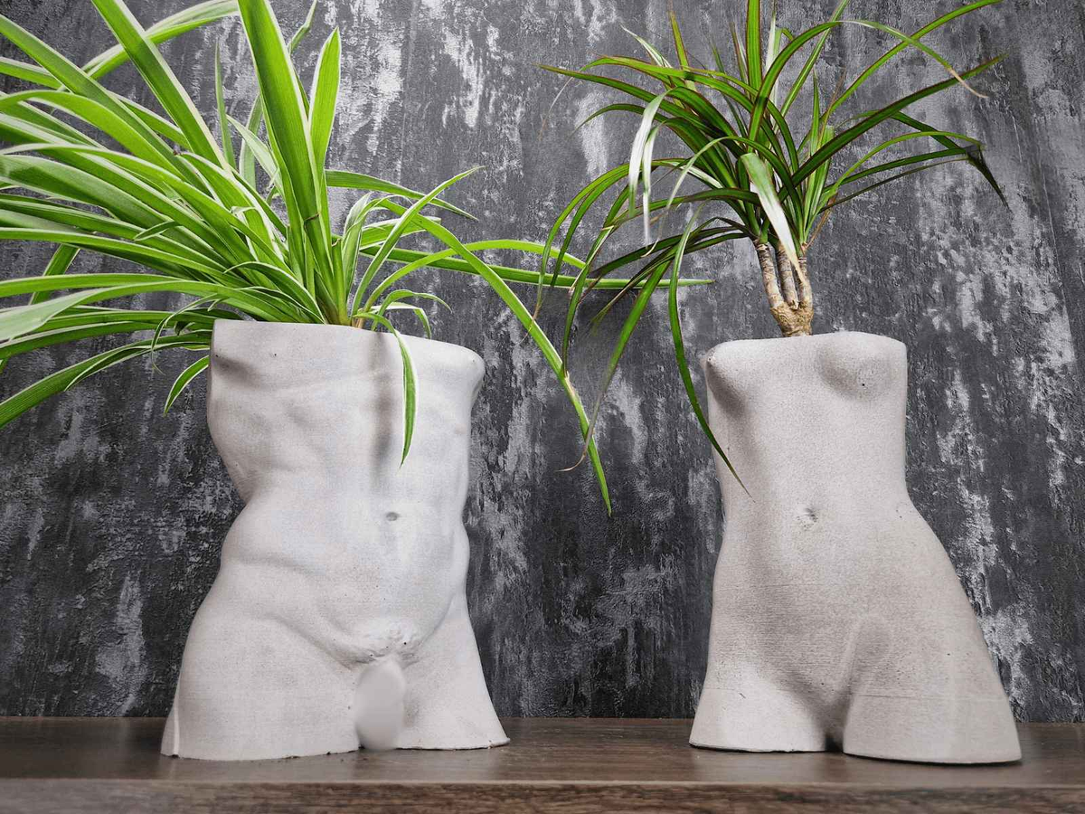 David and Venus classical torso planters displayed together with spider plants