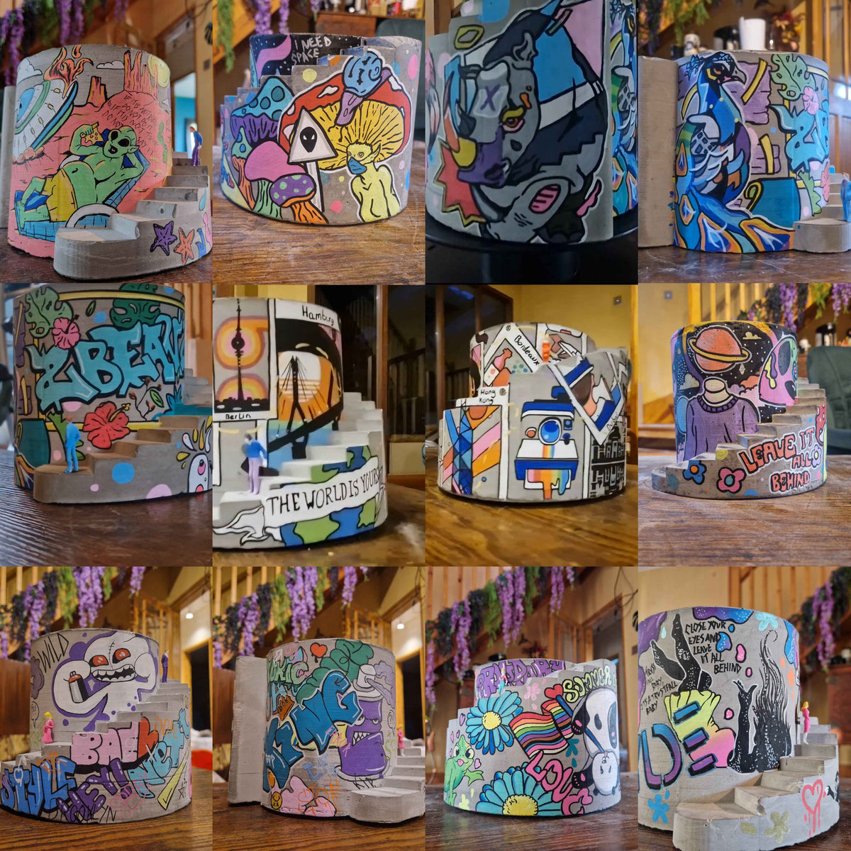 Gallery of twelve hand-painted custom graffiti planters