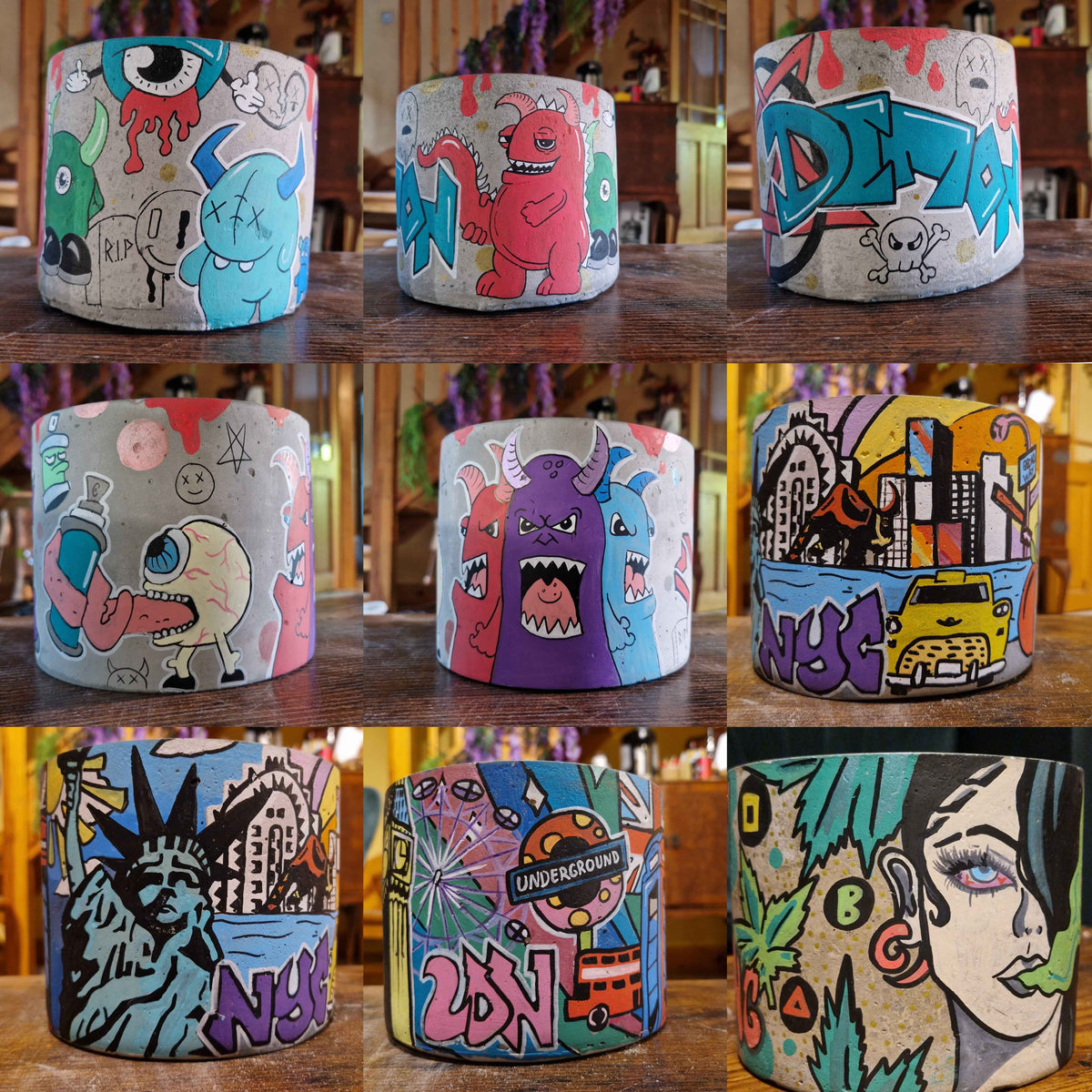 Gallery of colourful graffiti artwork across twelve custom planters