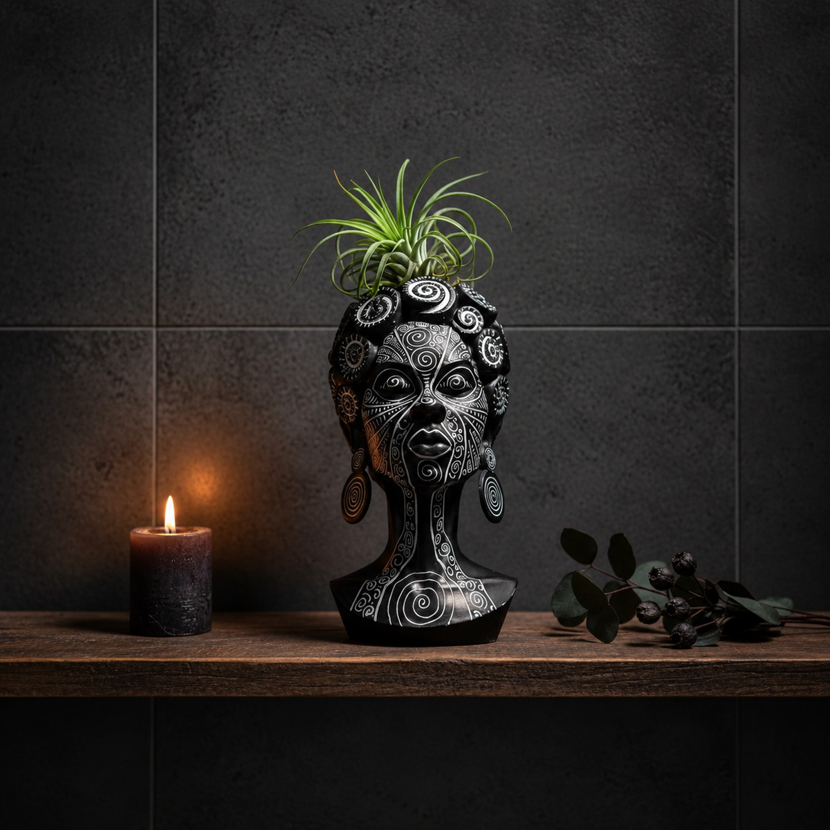 Spiral face plant pot bathroom shelf styling