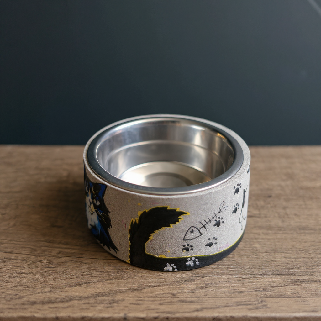 Personalised Graffiti Pet Bowl with cat portrait on dark background