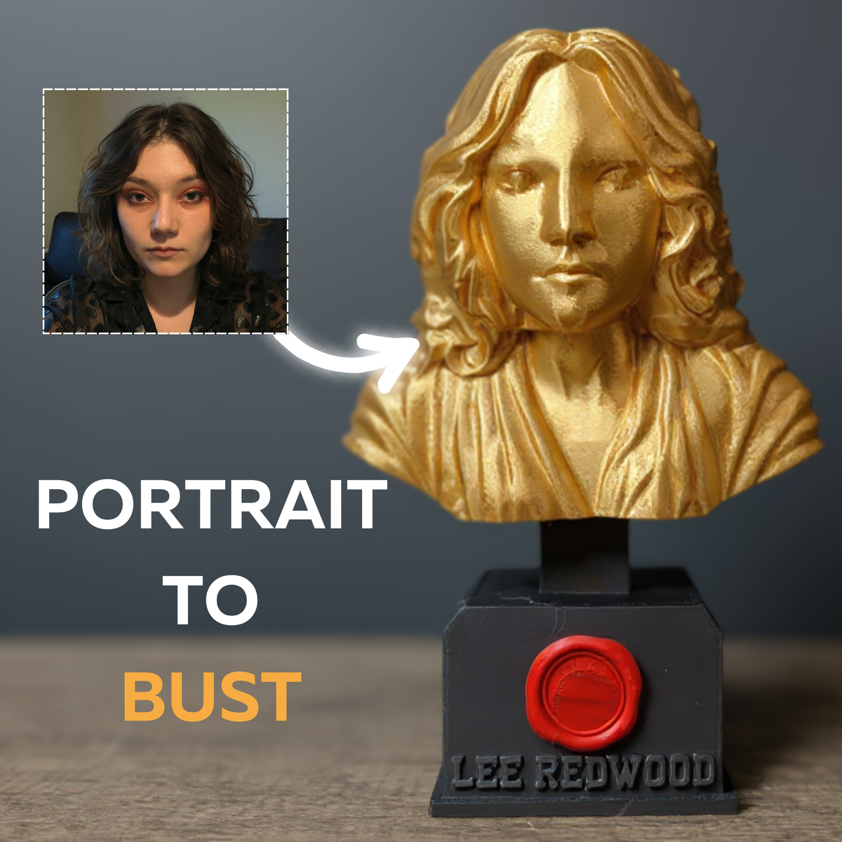 Reference portrait shown beside its finished personalised gold bust trophy