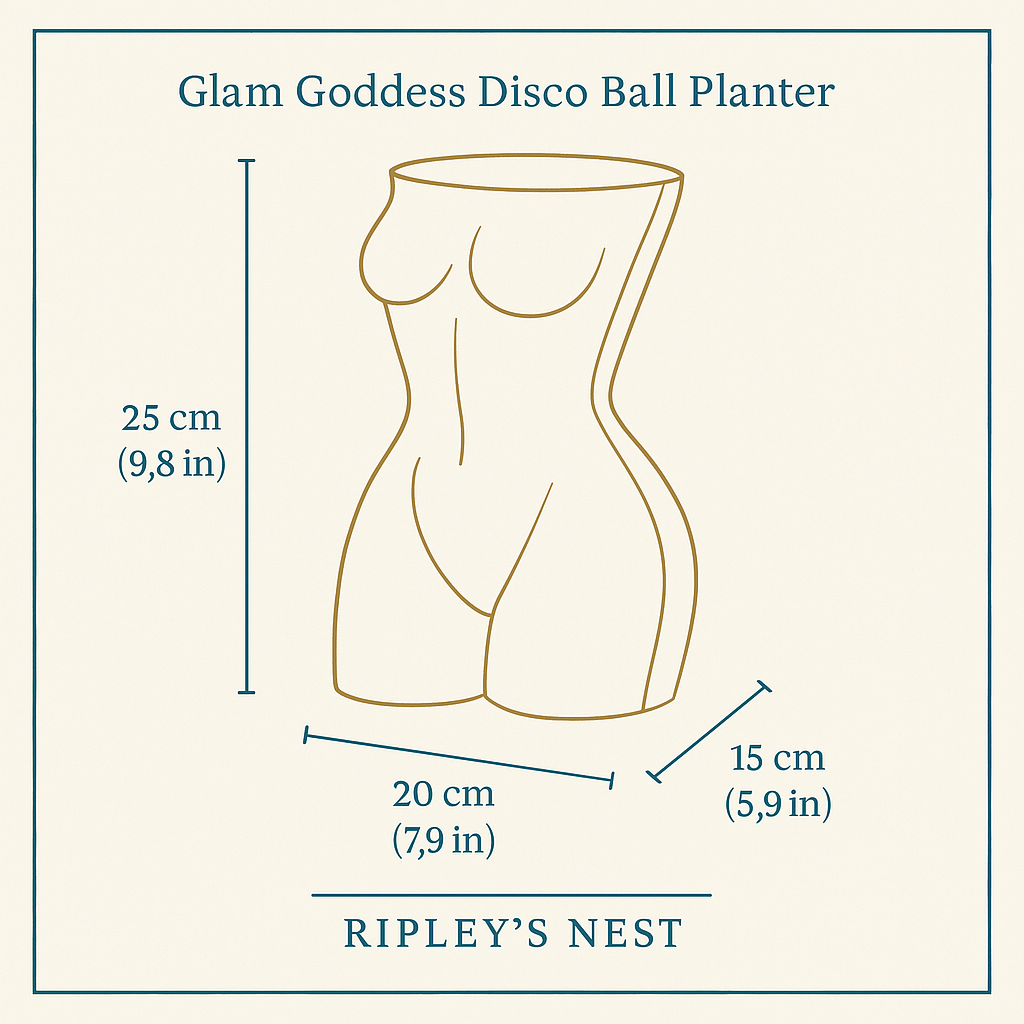 Glam Goddess planter dimensions diagram, 25 by 20 by 15 centimetres