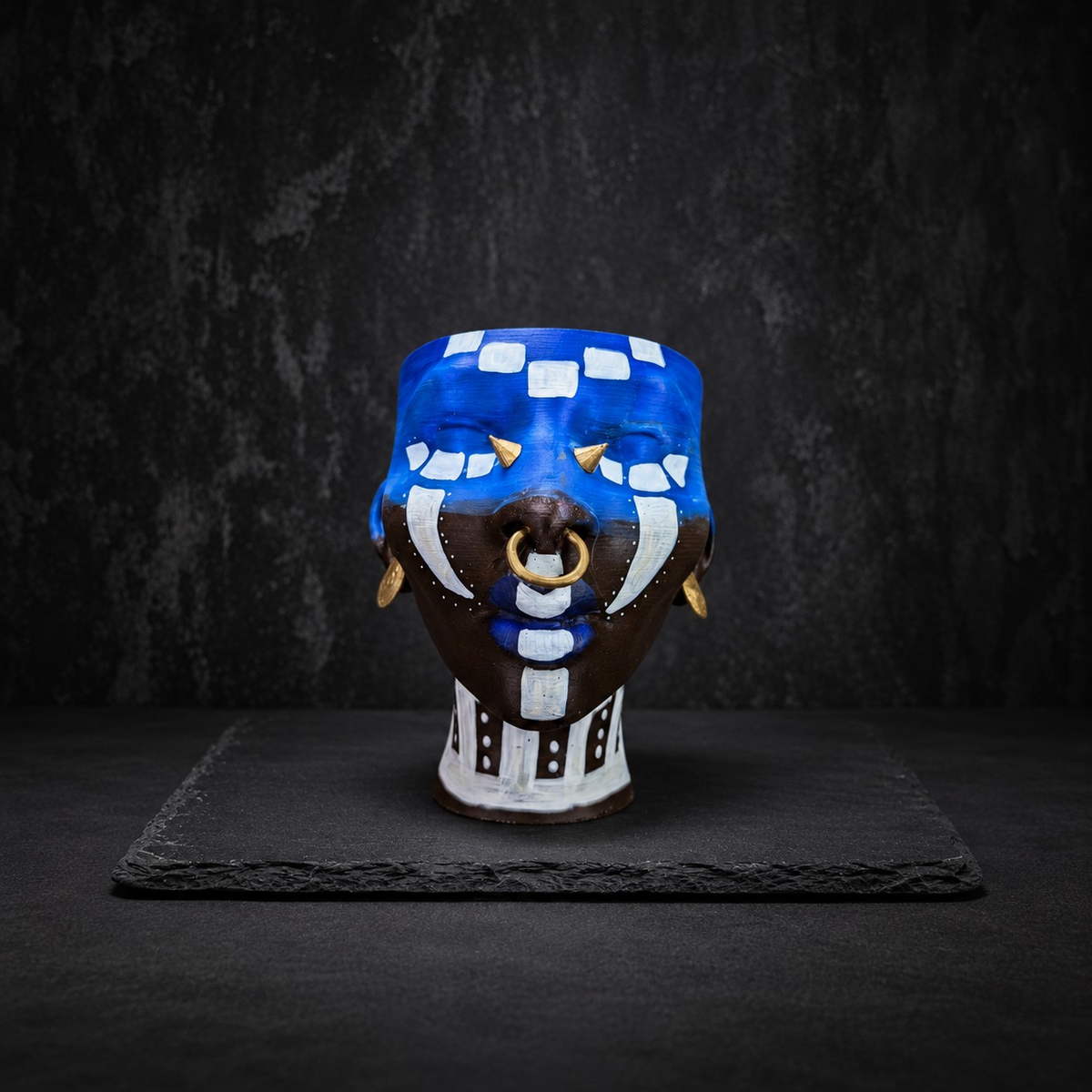 Ashanti Warrior Head Planter - Blue front studio view