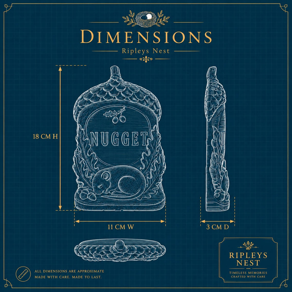 Dimensions diagram for personalised acorn grave marker showing 18 cm high, 11 cm wide and 3 cm deep
