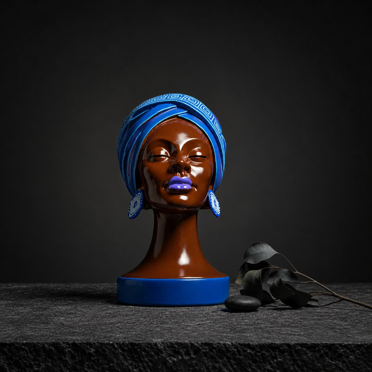 Adire Night black and gold head planter studio view
