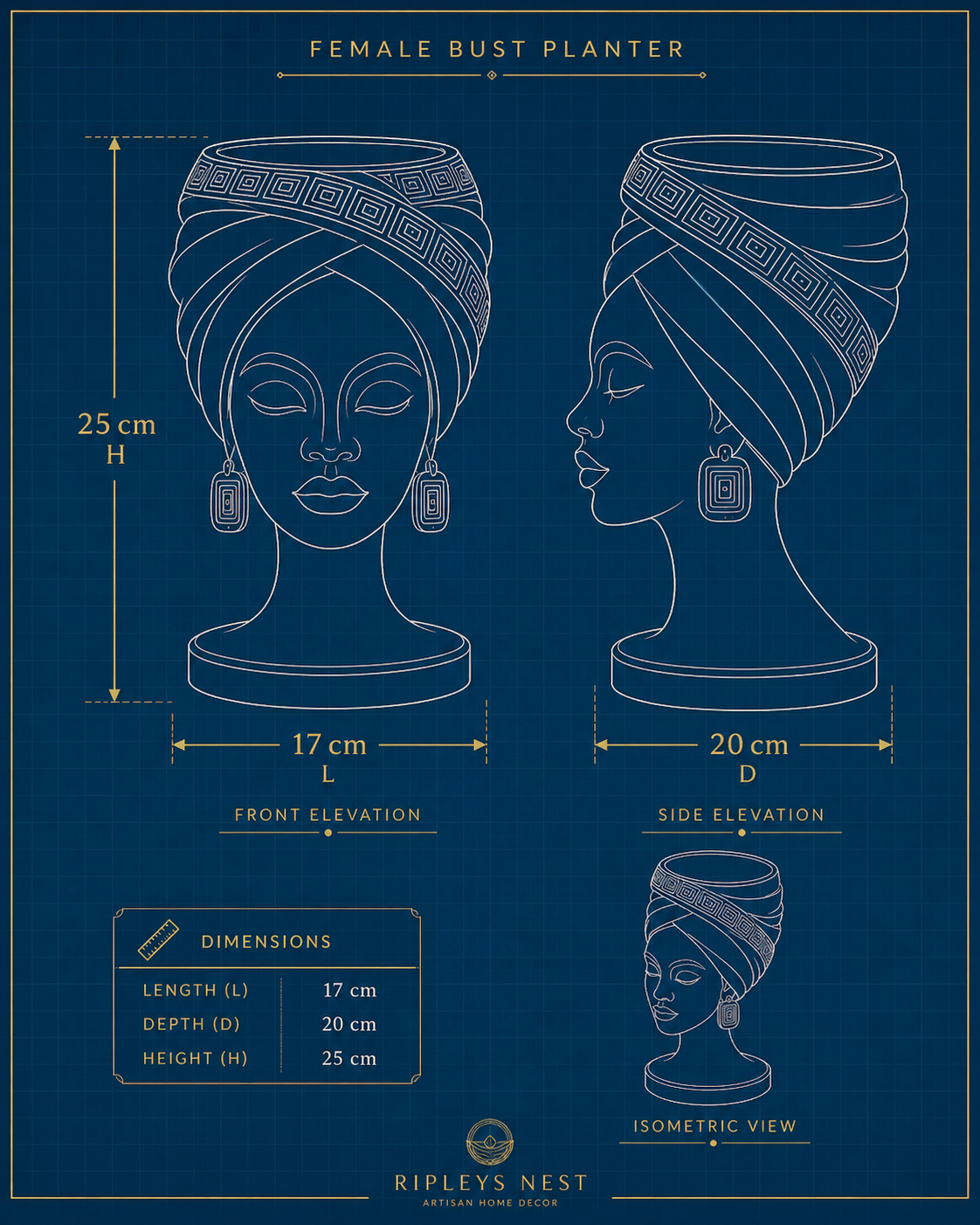 Adire Night cast stone head planter dimensions diagram