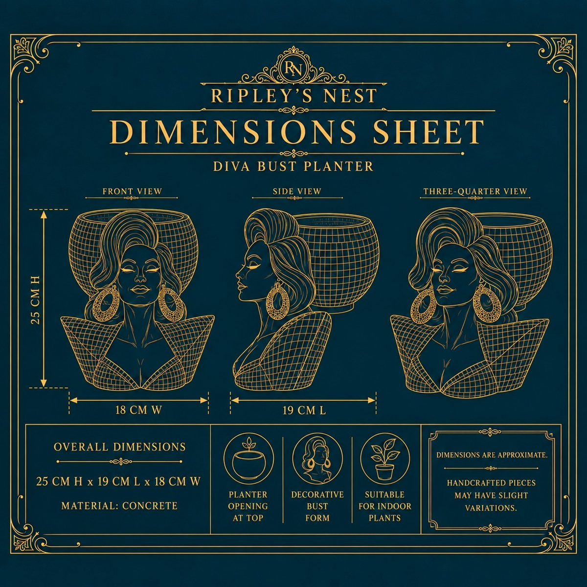 Dimension sheet for Mother Mirrorball showing 25 cm high by 19 cm long by 18 cm deep