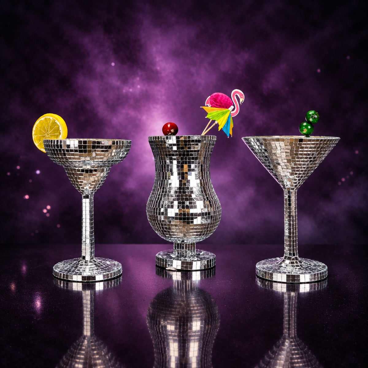 Three silver mirror mosaic cocktail glasses with colourful garnish details on a purple backdrop