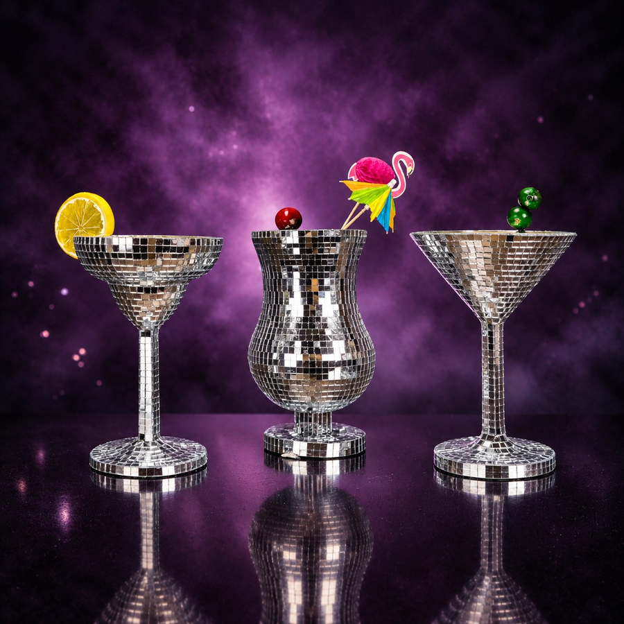 Three silver mirror mosaic cocktail glasses with colourful garnish details on a purple backdrop