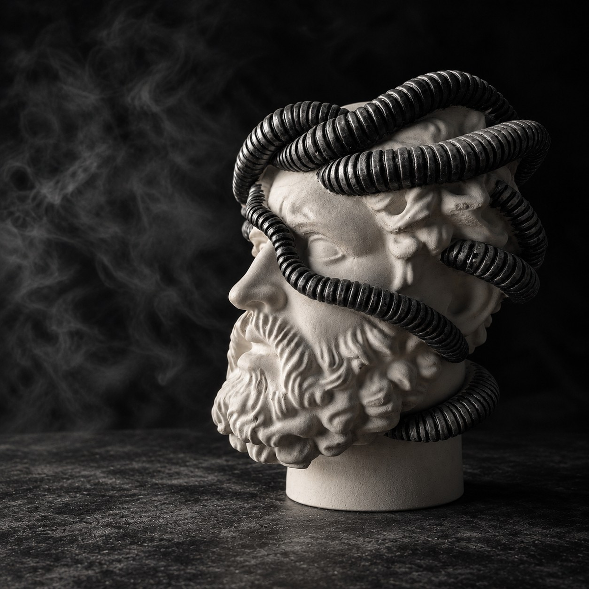 Close detail of Aristotle.exe face and dark biomechanical cable detail