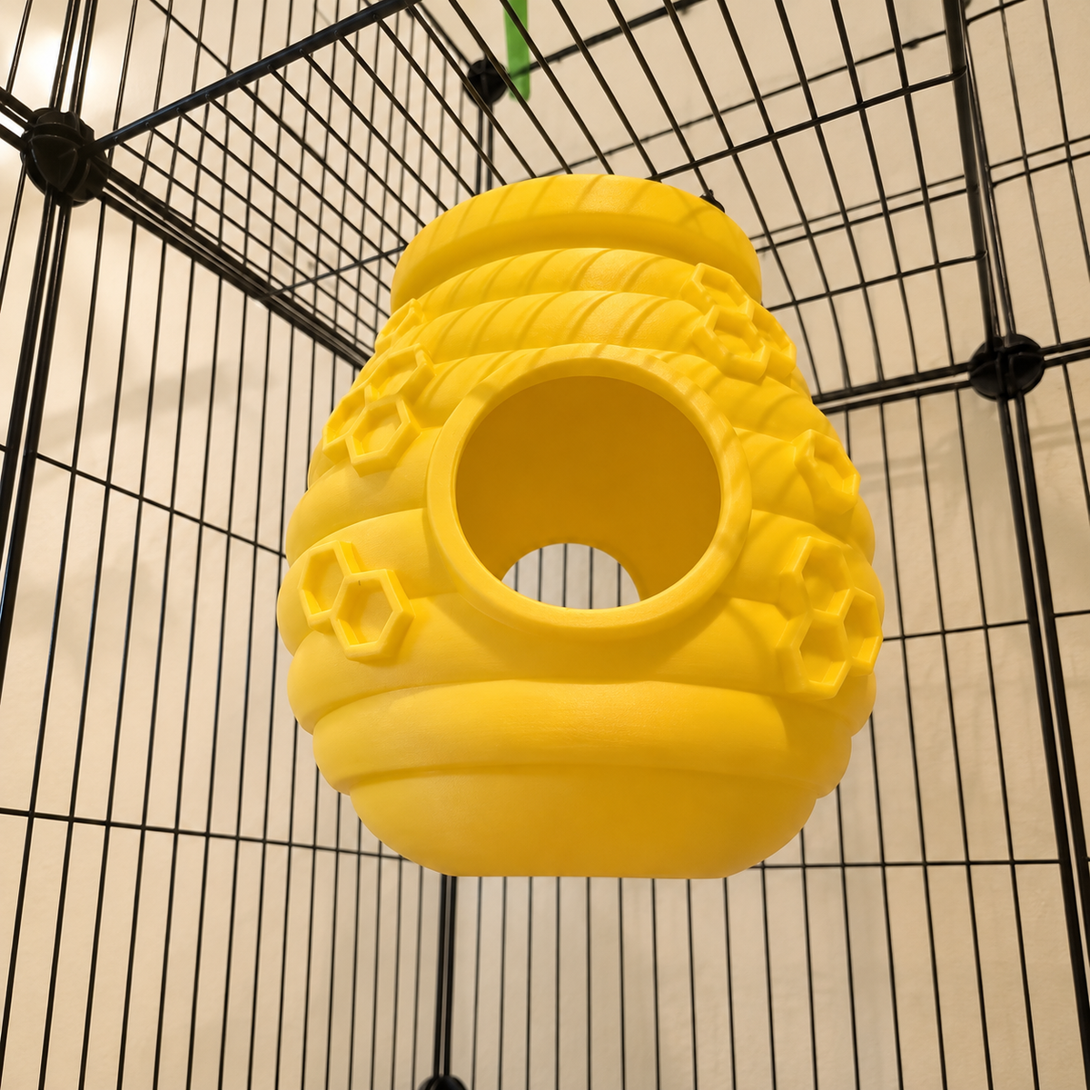 Low-angle view into the empty yellow hive, with the rear opening visible through the front.