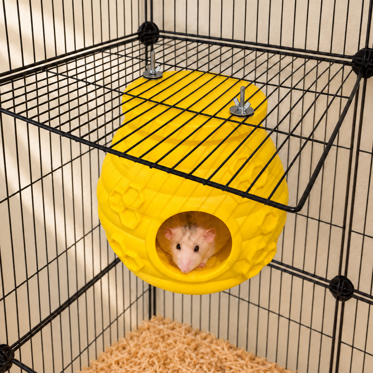High-angle view of the hive roof and two metal fittings attached through cage-roof bars.