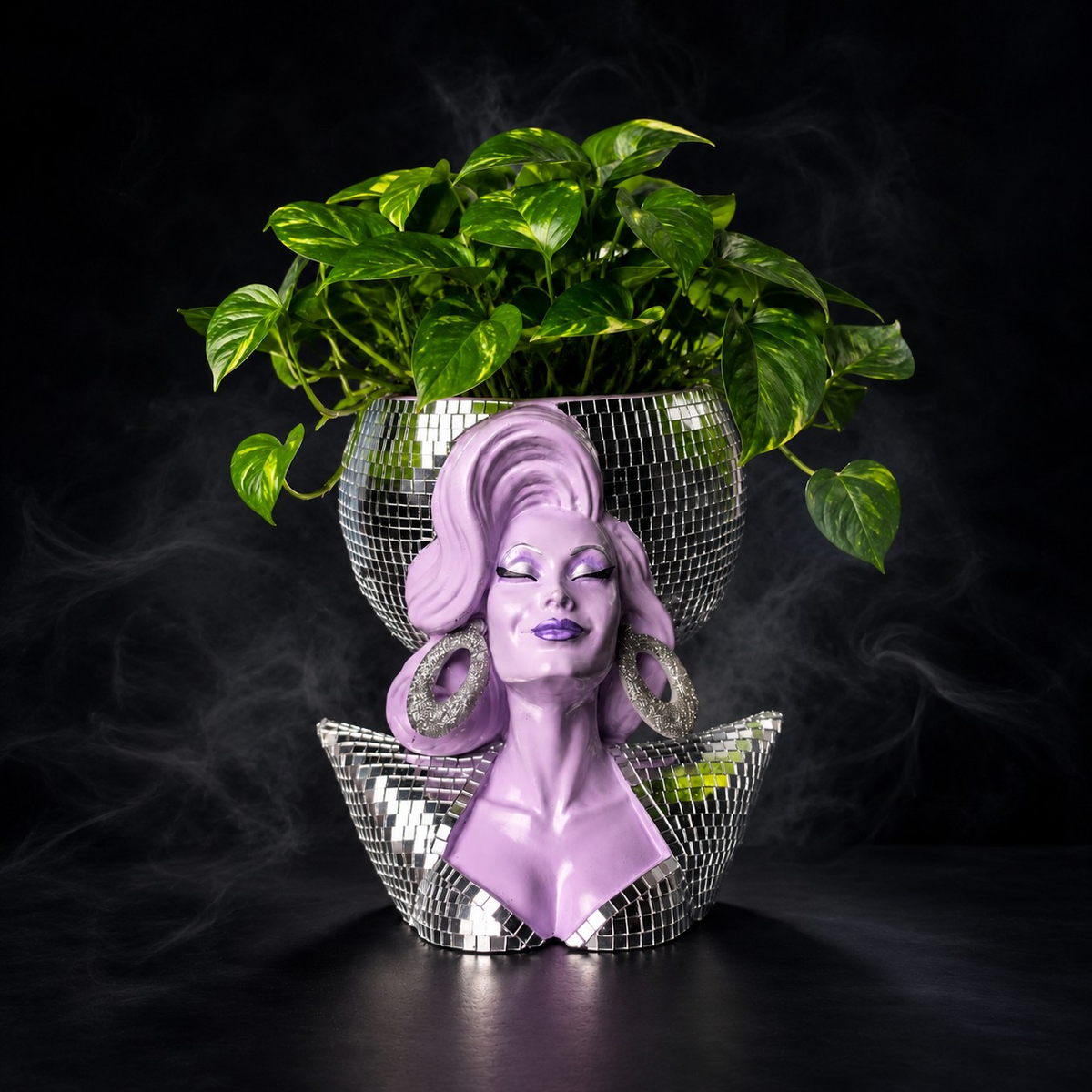 Rear view of Mother Mirrorball showing the round mirrorball planter bowl