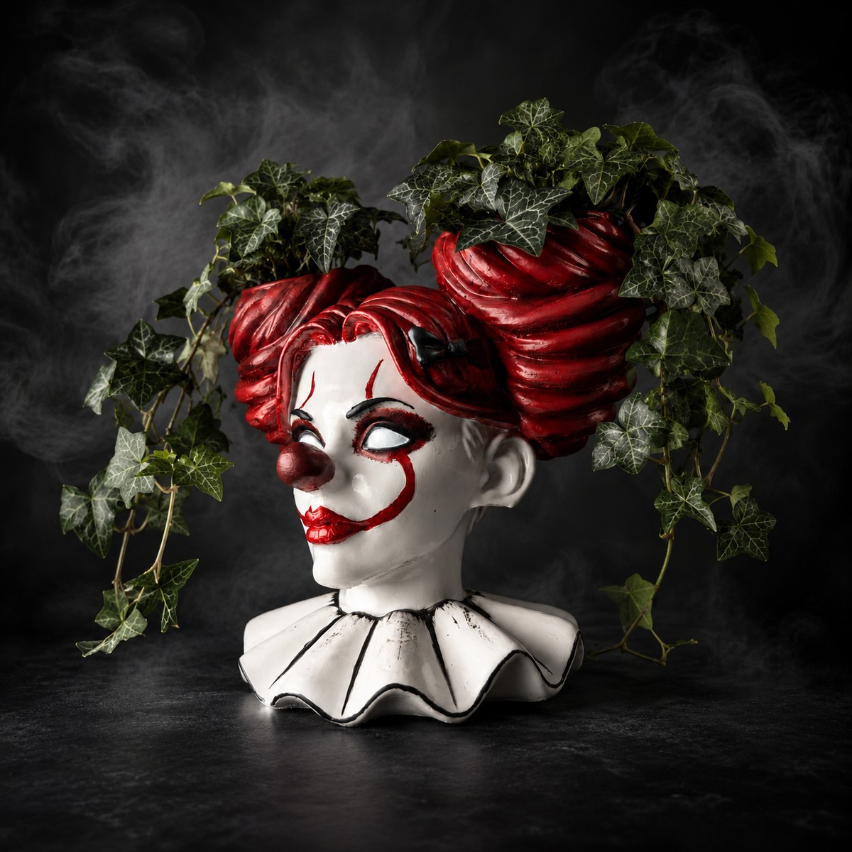 Side view of The Last Laugh red-haired clown girl plant pot with ivy styling