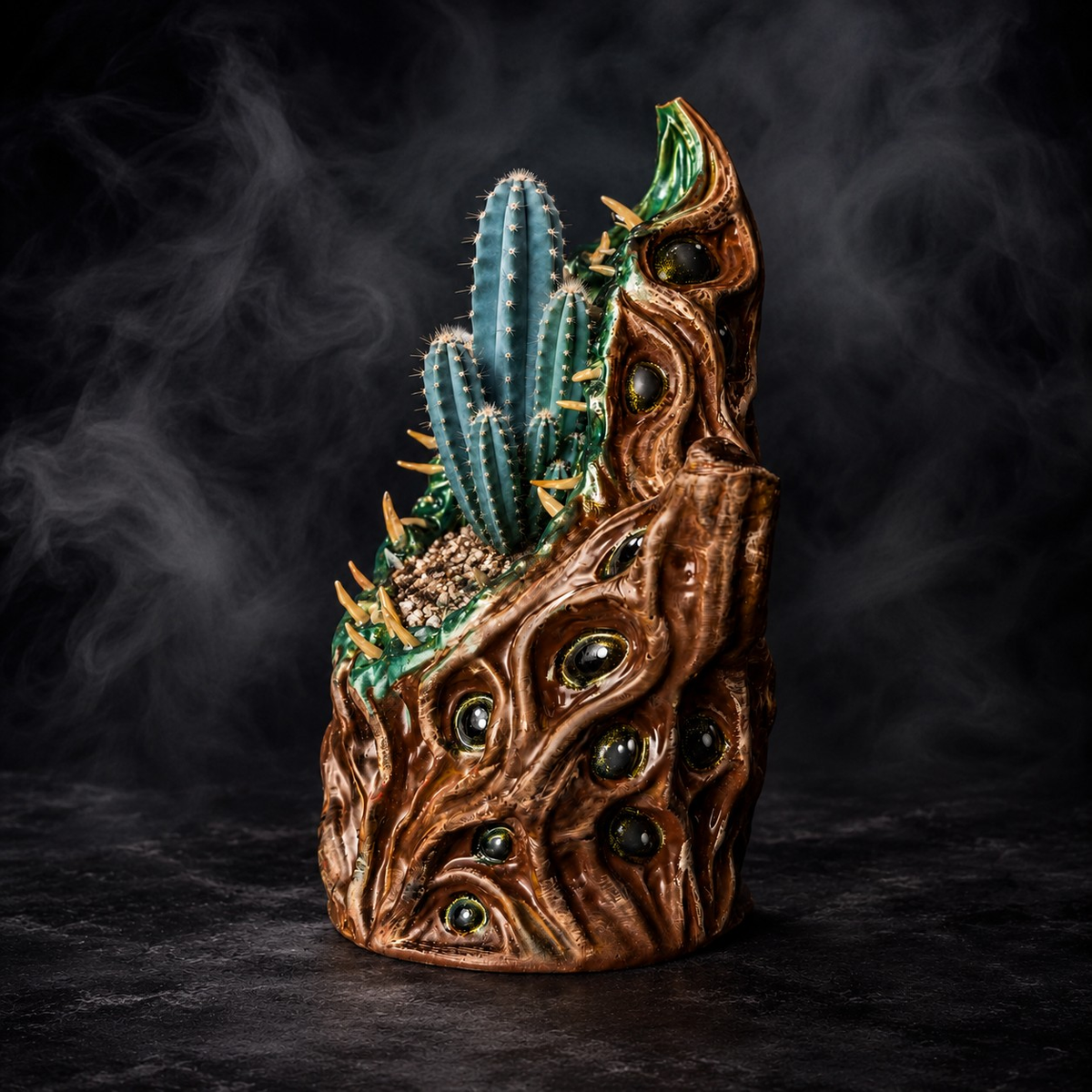 The Watching Maw cosmic horror plant pot with blue cactus on a dark studio background