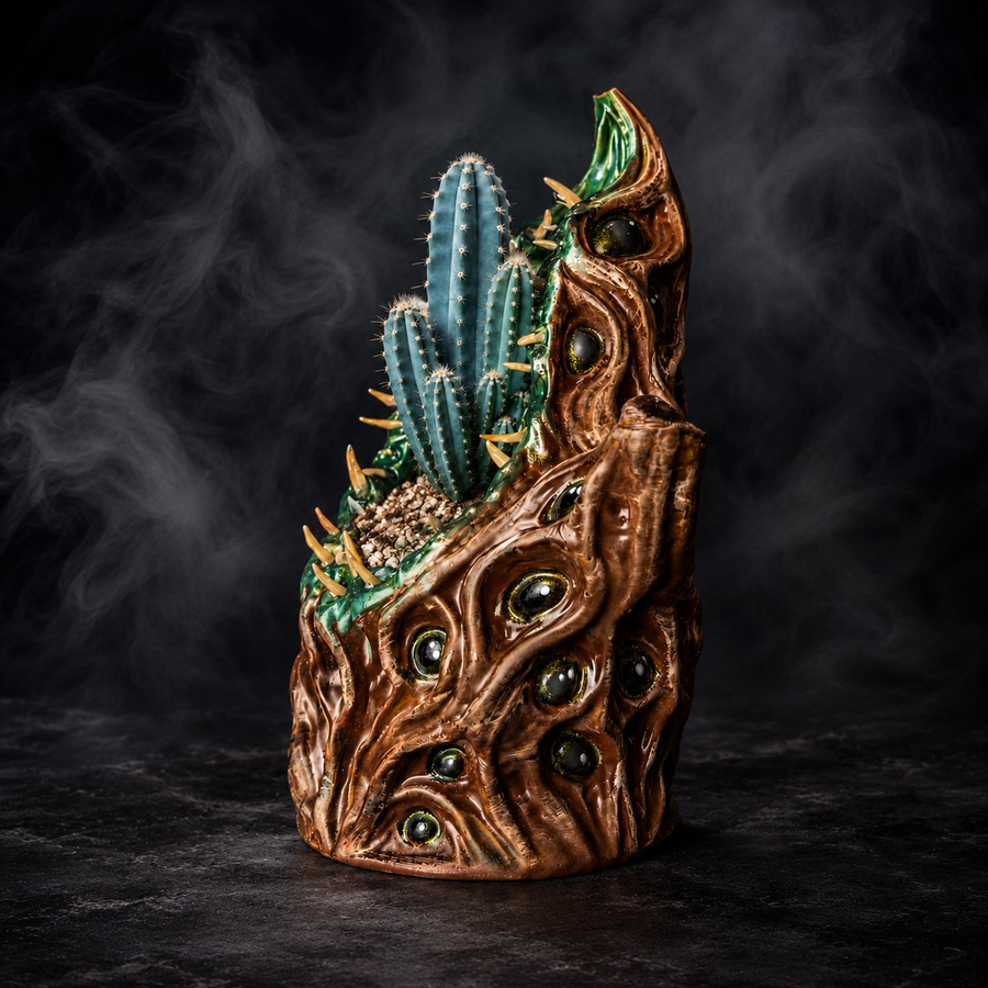 The Watching Maw cosmic horror plant pot with blue cactus on a dark studio background