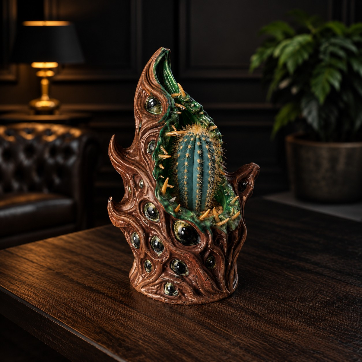 The Watching Maw cosmic horror planter styled on a dark wooden table with cactus